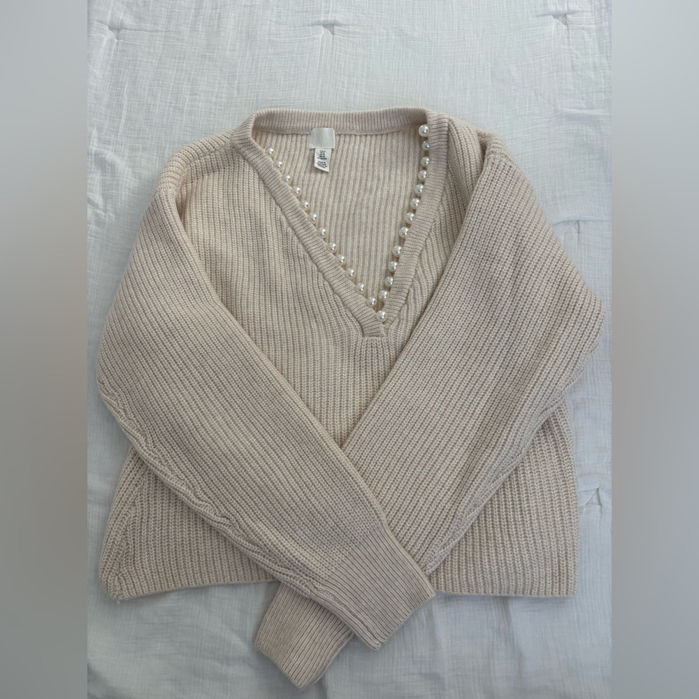 H&M Cream V-Neck Sweater with Pearl Accents